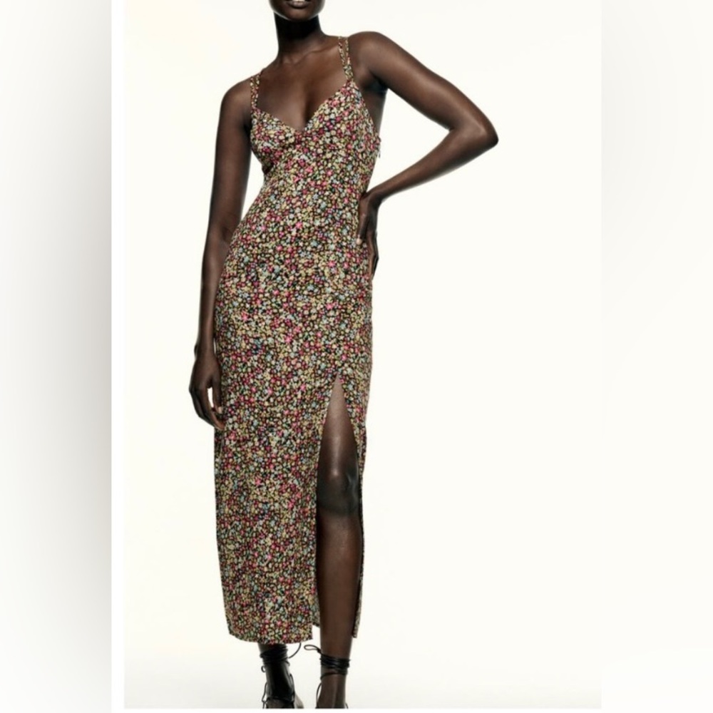 Zara Maxi Dress Women XS Floral Print V-neck Smocked Multicolor Straps Slit